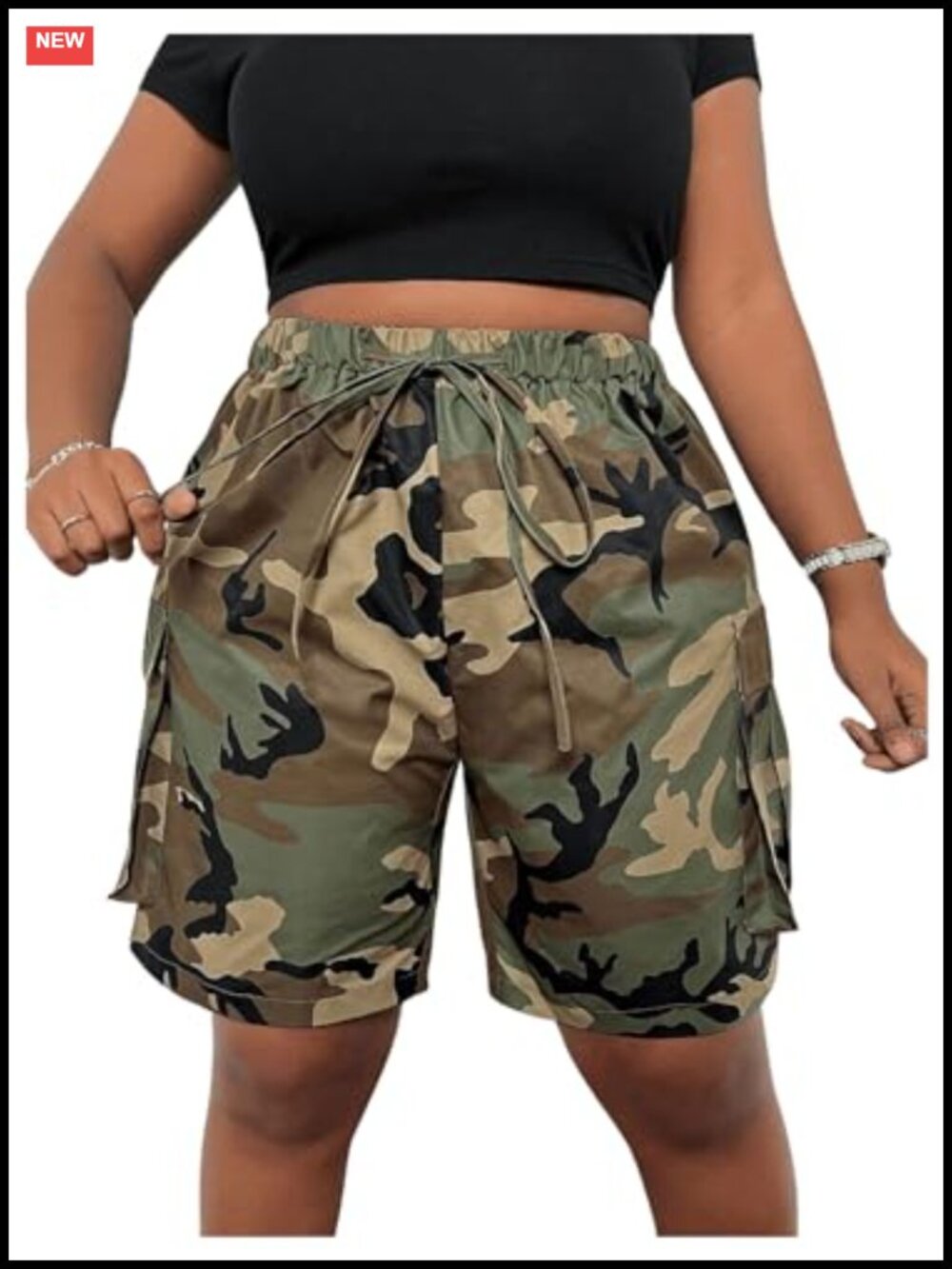 Plus Size Camo Cargo Shorts Straight Leg Drawstring Waist Casual Summer